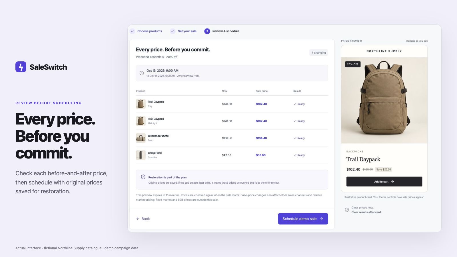 SaleSwitch listing graphic showing the actual before-and-after price review interface with a fictional Northline catalogue